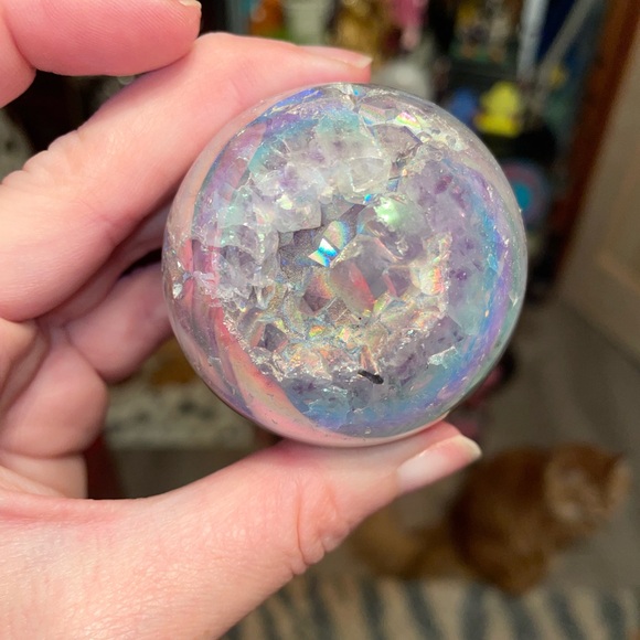 Aura sphere with druzy and pretty agate banding - Picture 3 of 15